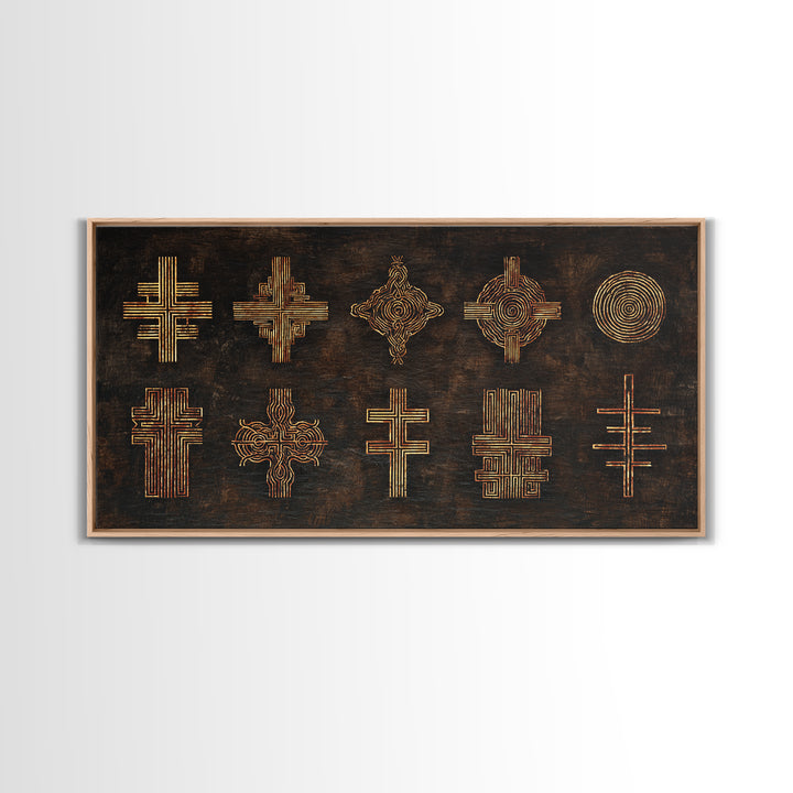 Gold Tribal Cross Symbols On Dark Texture Wall Art, African Patterns, Abstract African Art, Cultural Wall Decor, Modern Canvas