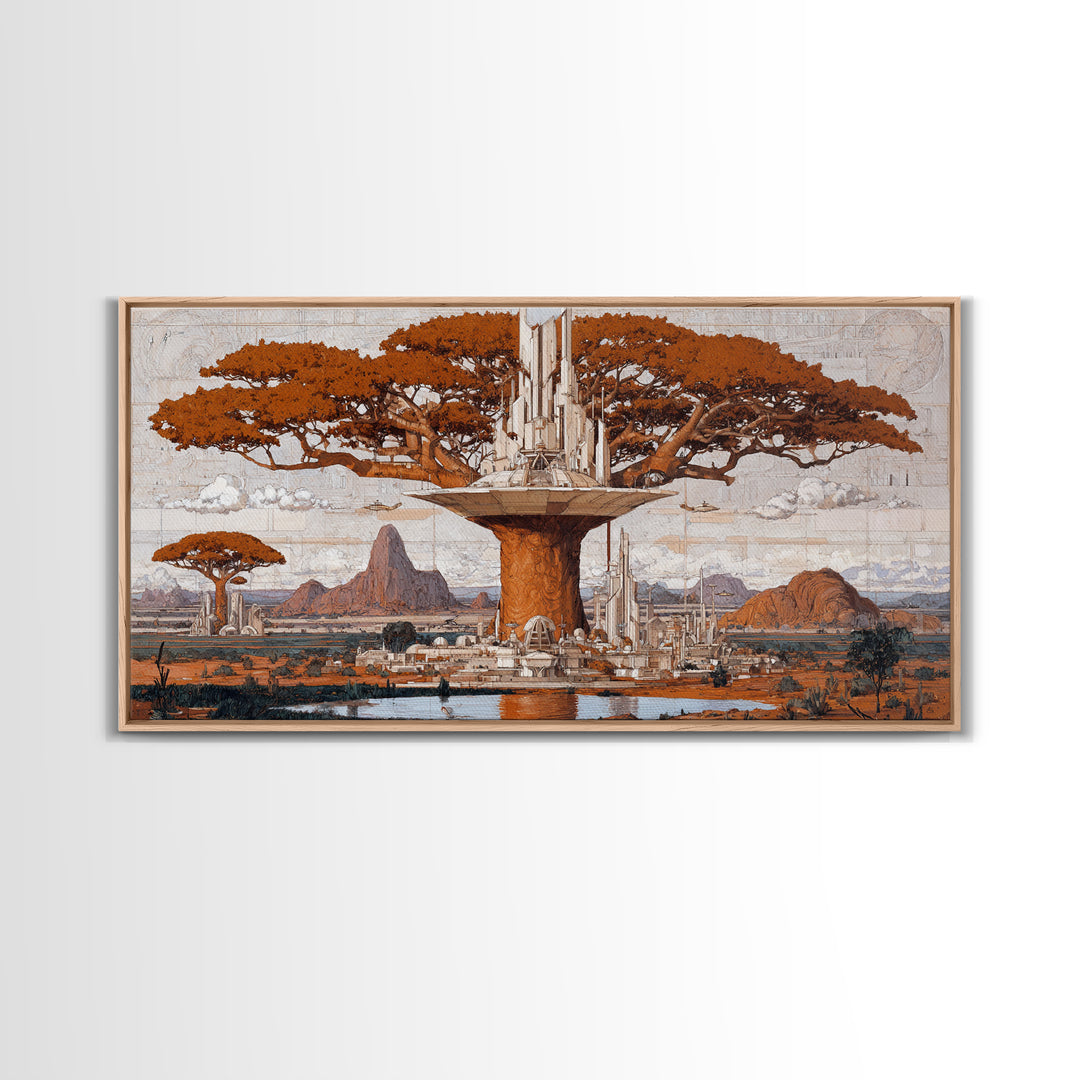Sepia Baobab Tree Megacity In African Landscape Wall Art, African Tree, African Safari Art, Earth Tone Wall Art, Home Decor