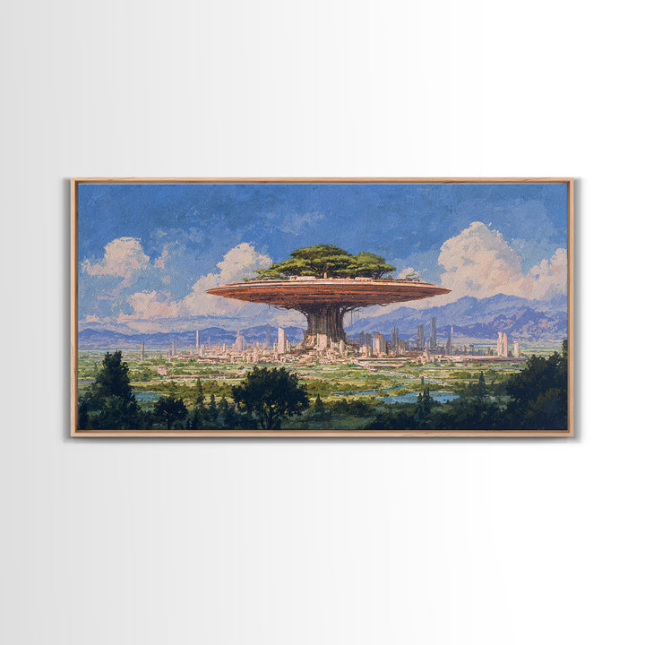 Floating Acacia Tree City Under Blue Sky Canvas Print, African Landscape, Modern Canvas Art, Serengeti Wall Art, Unique Home Decor