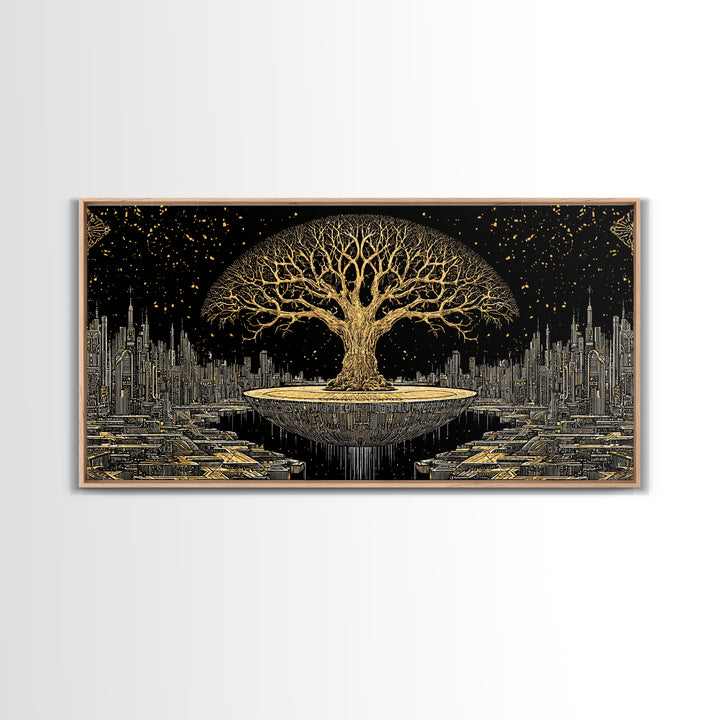 Golden Tree Of Life Over Futuristic City Wall Art, Black And Gold Art, Spiritual Wall Art, African Inspired, Statement Decor