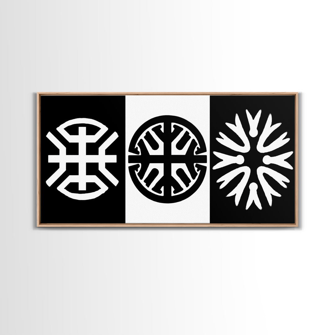 Black White Tribal Symbols Framed Canvas Print, Geometric Abstract Wall Art, African Inspired Decor, Minimalist Office Art