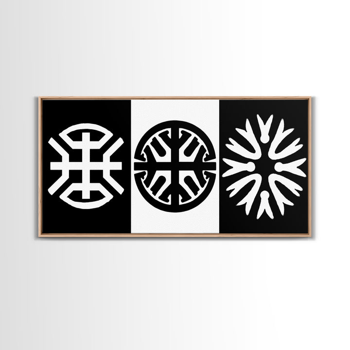Black White Tribal Symbols Framed Canvas Print, Geometric Abstract Wall Art, African Inspired Decor, Minimalist Office Art