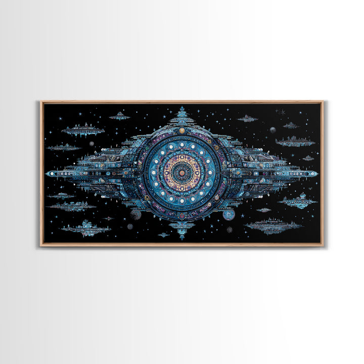 Ornate Cosmic Space Station Canvas Print, Blue Sci Fi Mandala Wall Art, Futuristic Digital Art, Modern Office Decor Gift