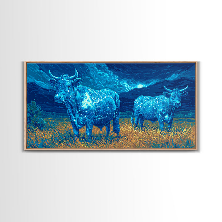 Glowing Blue Bulls In Moonlit Field Wall Art, Animal Landscape Painting, Nature Canvas Decor, Rustic Farmhouse Gift For Home