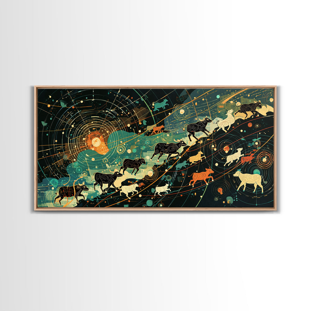 Cosmic Cattle Migration Canvas Print, Abstract Animal Wall Art, Modern Farm Decor, Earth Tone Office Art, Unique Home Gift