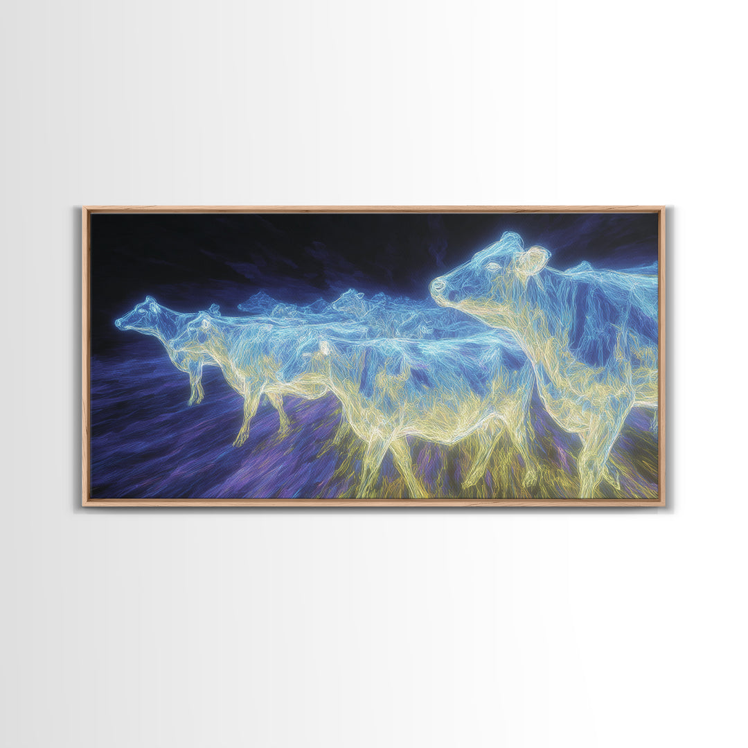 Electric Blue Cows Framed Canvas Print, Glowing Animal Wall Art, Modern Digital Farm Decor, Statement Office Art, Blue Home Decor