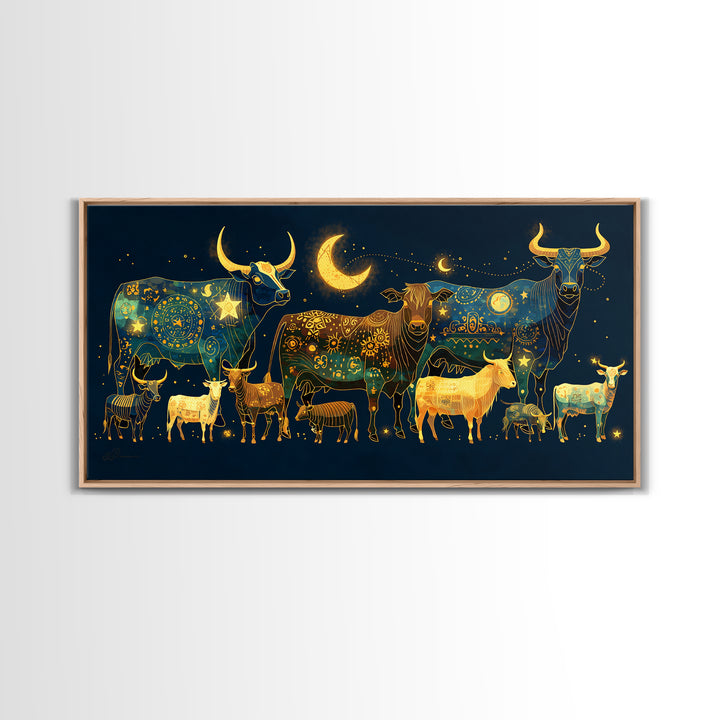 Celestial Folk Cattle And Goats Wall Art, Gold Blue Animal Canvas Decor, Moon Stars Farm Painting, Boho Home Decor Gift For Her