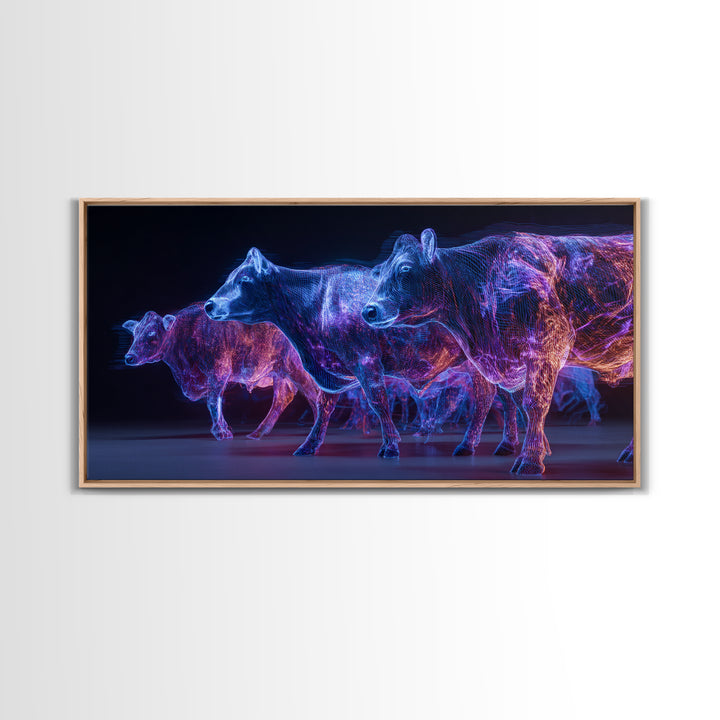 Neon Blue And Purple Cows Canvas Print, Glowing Animal Wall Art, Modern Digital Farm Decor, Bold Office Art, Unique Gift