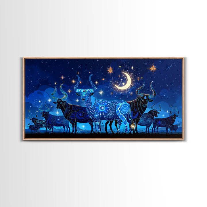 Starry Blue Cattle Under Crescent Moon Wall Art, Celestial Animal Canvas Decor, Night Sky Painting, Boho Home Decor Gift