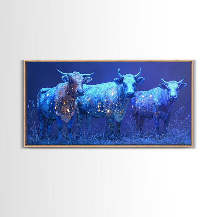 Glowing Blue African Cattle Under Moonlight Canvas Print, Safari Animal Wall Decor, Modern African Art, Blue Living Room Art