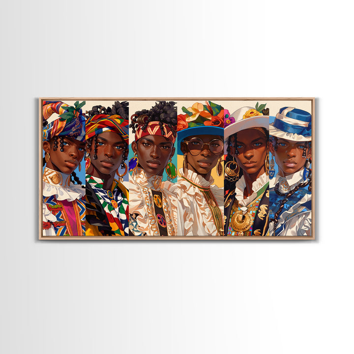 Elegant African Women In Hats And Headwraps Framed Canvas Print, Modern Fashion Portrait Wall Decor, Black Beauty Art Gift