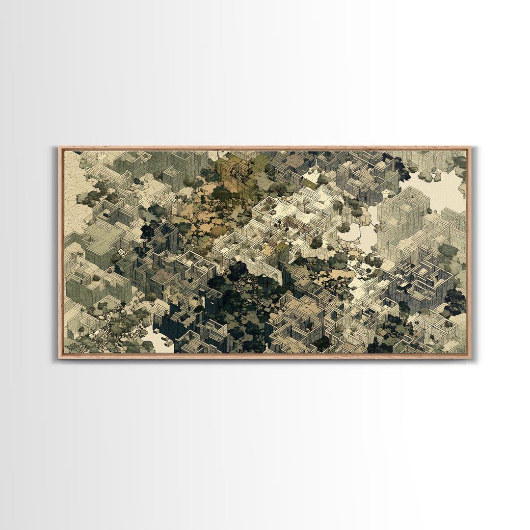Sepia Isometric Floating City Canvas Print, African Inspired Urban Architecture, Abstract Wall Decor, Modern Office Art Gift