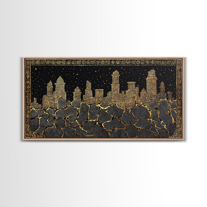 Black Gold Skyline And Cracked Earth Wall Art, African Inspired Cityscape, Luxury Canvas Decor, Bold Statement Home Decor