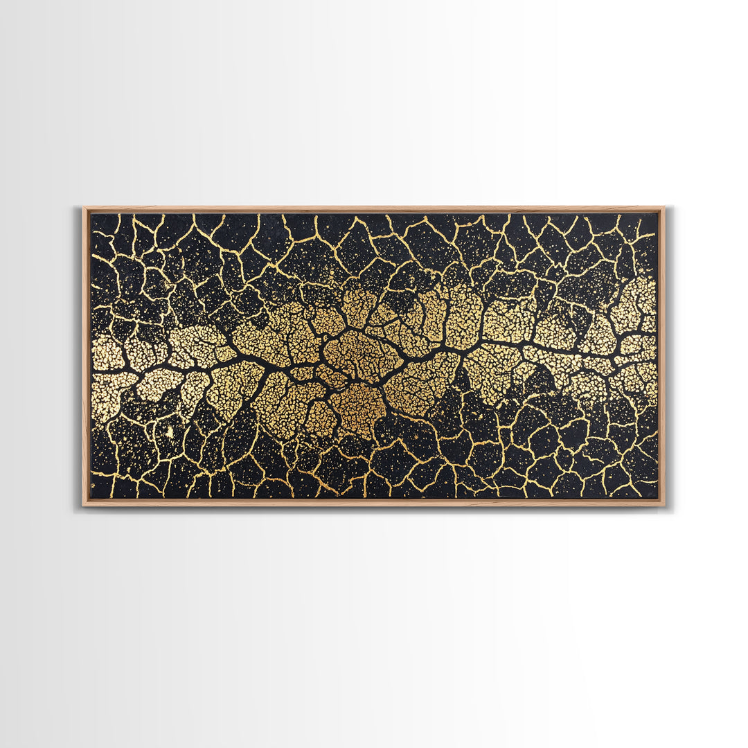 Black Gold Cracked Mosaic Wall Art, African Abstract Pattern, Luxury Canvas Decor, Earth Tone Statement Piece For Living Room