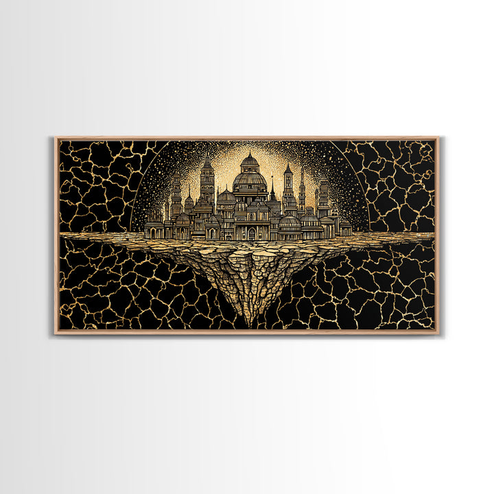 Golden African Kingdom City Wall Art, Black And Gold Geometric Decor, Afrocentric Spiritual Art, Luxury Canvas Print Poster