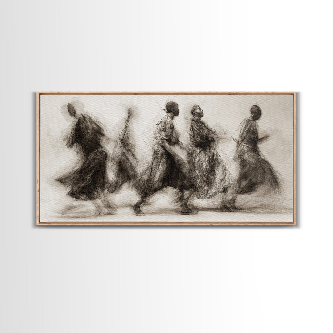 Charcoal African Procession Silhouettes Wall Art, Traditional African Decor, Cultural Canvas Print For Living Room Home Decor Gift