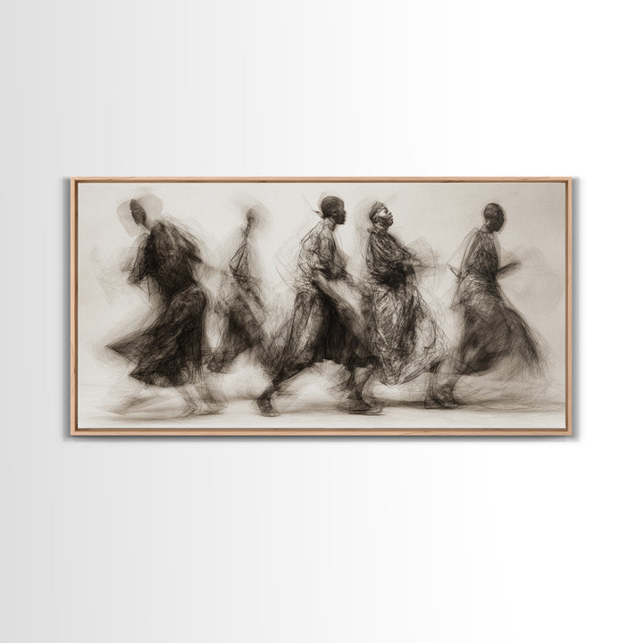Charcoal African Procession Silhouettes Wall Art, Traditional African Decor, Cultural Canvas Print For Living Room Home Decor Gift