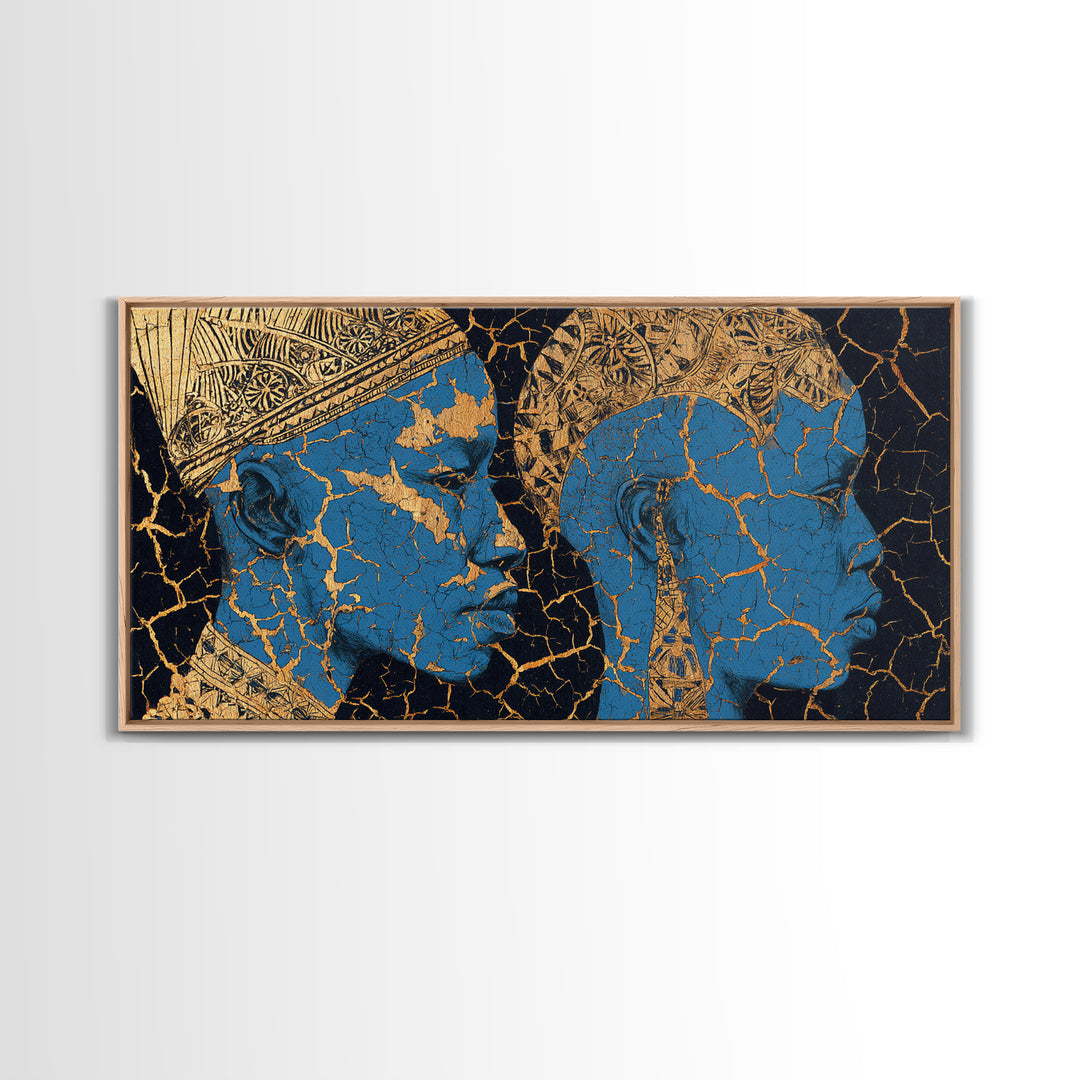 Blue And Gold Cracked African Faces Wall Art, Modern Afrocentric Canvas Print For Luxury Decor, Cultural Home Decor Gift