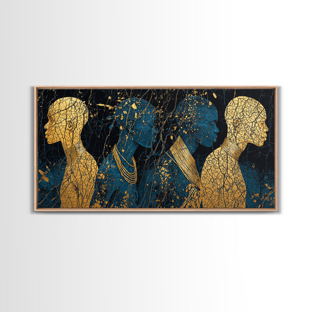 Gold And Teal African Women Silhouettes Wall Art, Afrocentric Black Woman Portrait, Luxury Canvas Decor, Black Gold Print