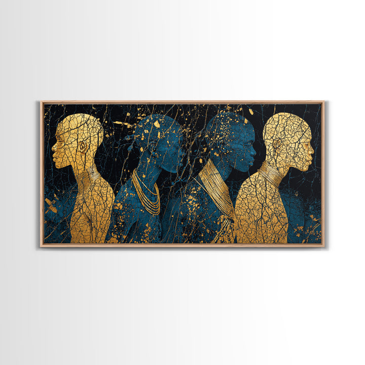 Gold And Teal African Women Silhouettes Wall Art, Afrocentric Black Woman Portrait, Luxury Canvas Decor, Black Gold Print