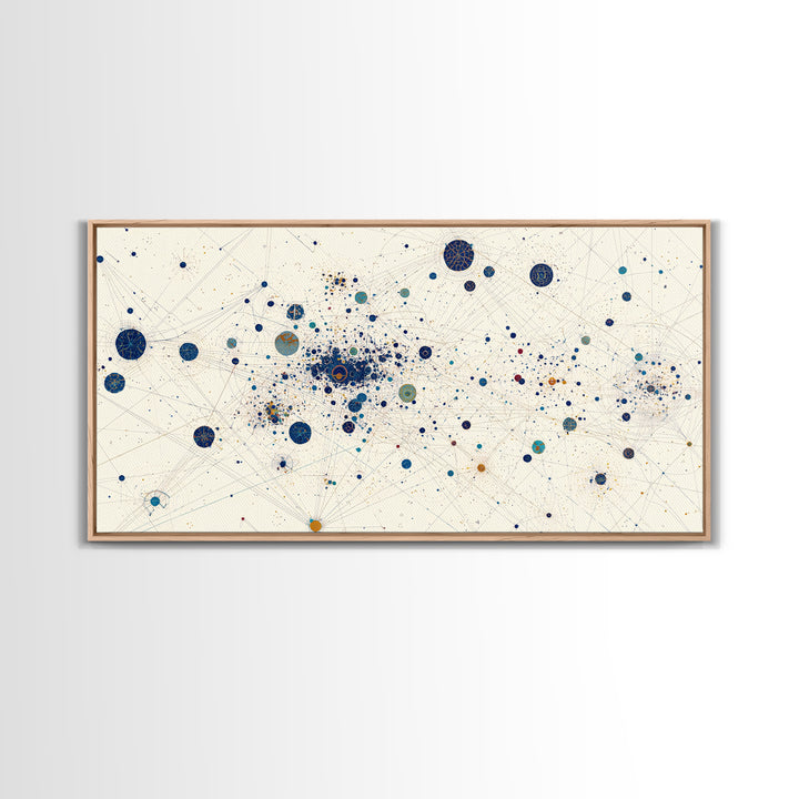 Cream Blue Gold Dot Constellation Network Wall Art, Abstract Geometric Canvas Print, Minimalist Modern Office Decor Gift