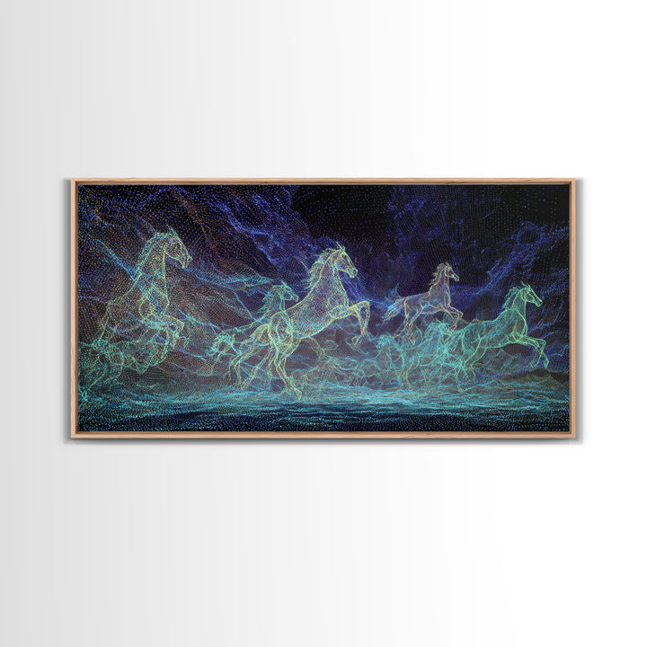 Neon Cosmic Running Horses Herd Canvas Print, Abstract Animal Wall Art, Blue Green Equine Decor, Mystical Modern Nature Gift