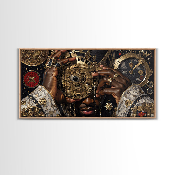Afrofuturist Golden Mask Portrait Framed Canvas Print, African Wall Art, Black Culture Art, Luxury Afrocentric Home Decor