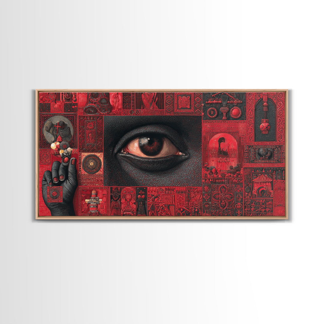 Red Mystic Eye Tribal Collage Canvas Print, African Mask Art, Afrocentric Wall Decor, Bold Cultural Artwork For Home Office