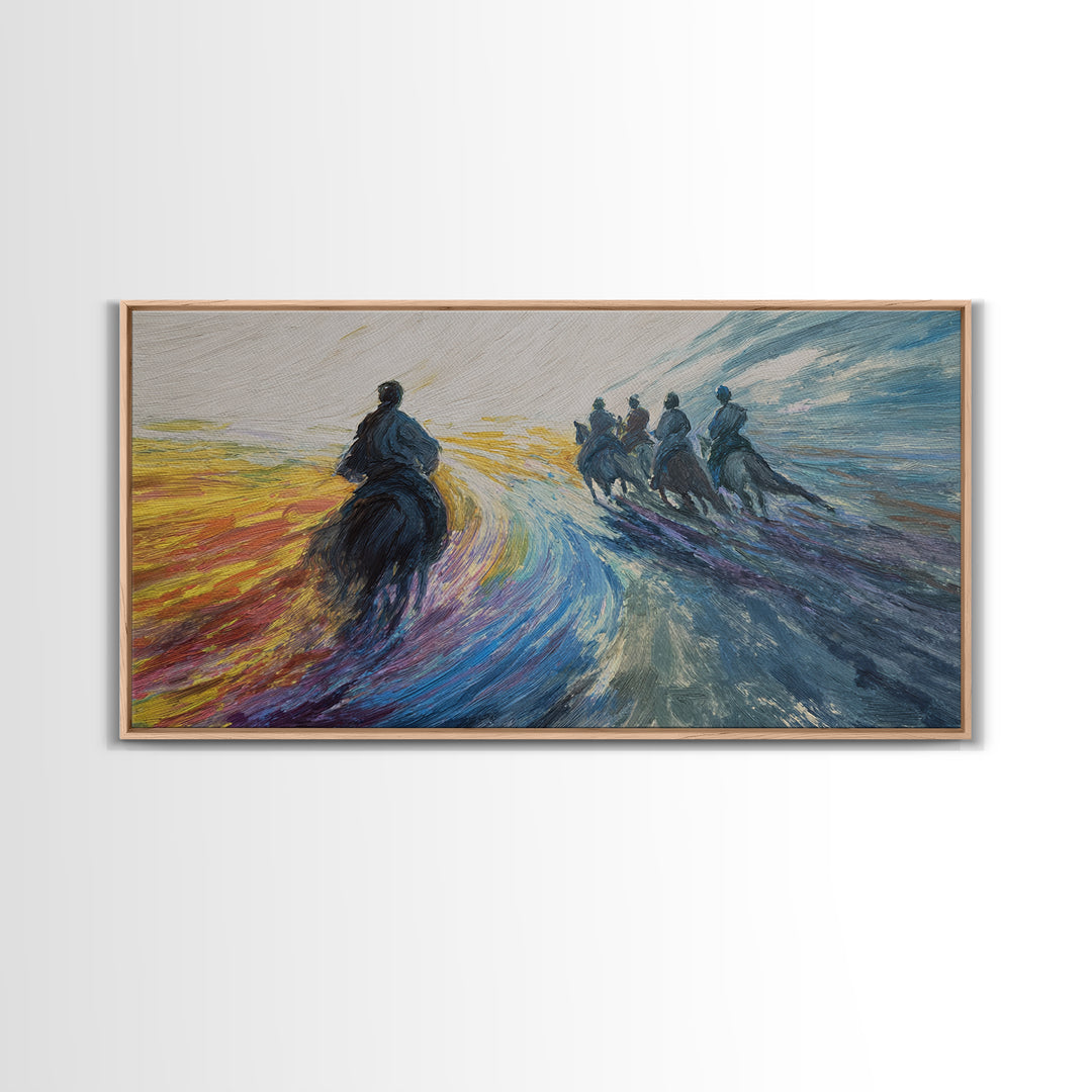 Galloping Horsemen Dawn Landscape Canvas Print, African Warrior Art, Dynamic Modern Wall Decor For Office And Living Room