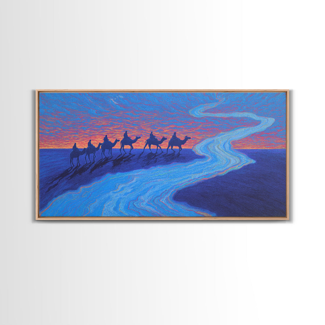 Camel Caravan Blue Desert Wall Art, African Safari Art Print, Dreamy Sunset Landscape For Boho Bedroom And Travel Decor Gift