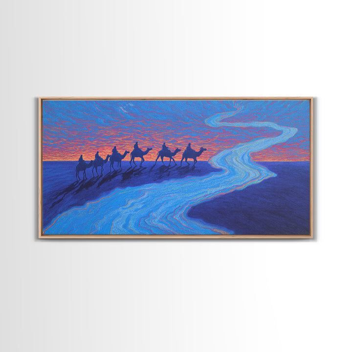 Camel Caravan Blue Desert Wall Art, African Safari Art Print, Dreamy Sunset Landscape For Boho Bedroom And Travel Decor Gift