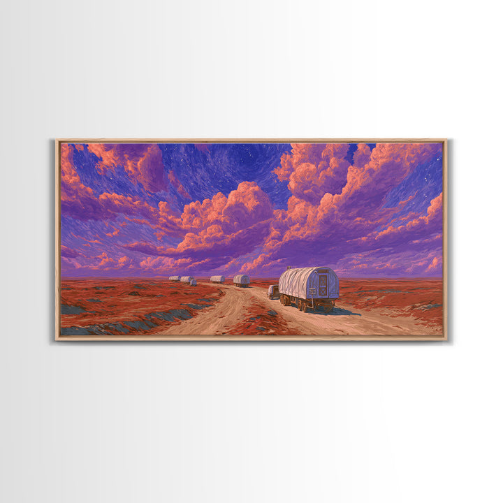 Desert Wagons Under Purple Sky Canvas Print, African Landscape Wall Art, Modern Safari Travel Home Decor For Living Room
