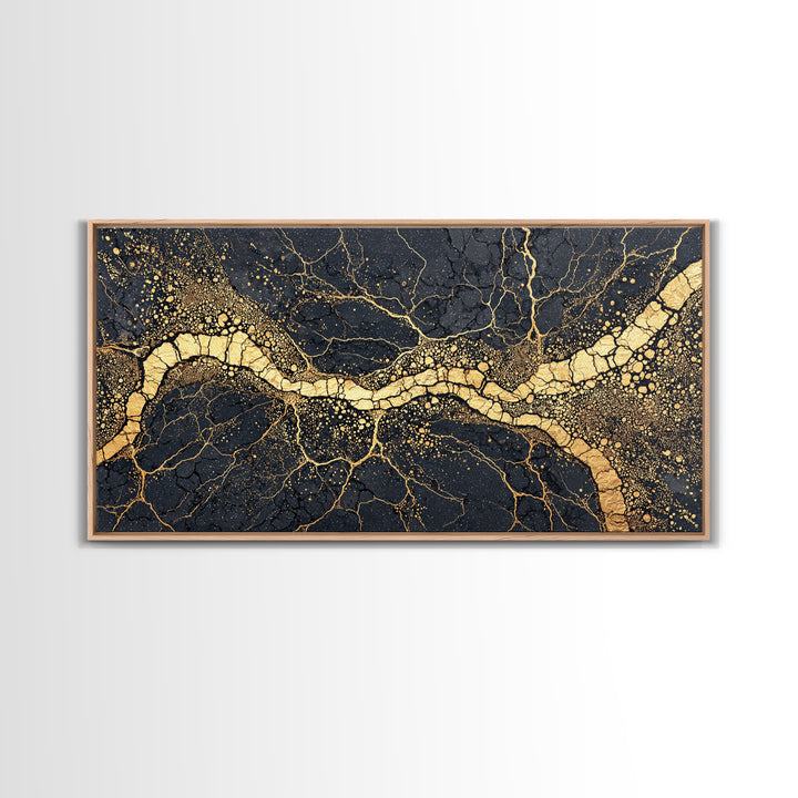 Black Gold Cracked Earth River Framed Canvas Print, Abstract African Art, Luxury Geometric Wall Decor For Modern Home Office