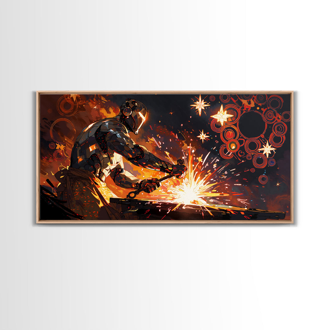 Futuristic Blacksmith Sparks Canvas Print, Industrial Wall Decor, Modern Art, Orange Metalwork, Workshop Gift, Masculine Office Art