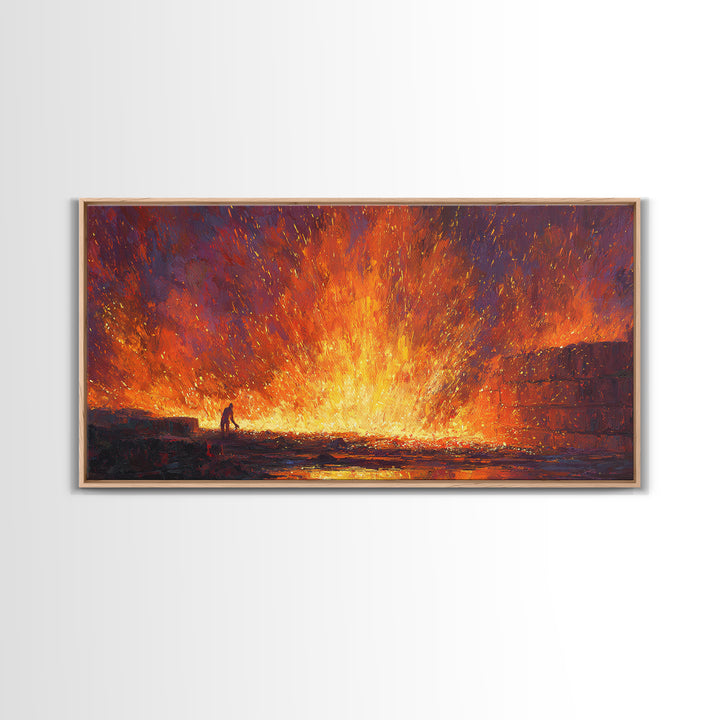Molten Foundry Firestorm Framed Canvas Print, Fiery Industrial Wall Art, Orange Abstract Painting, Statement Living Room Decor