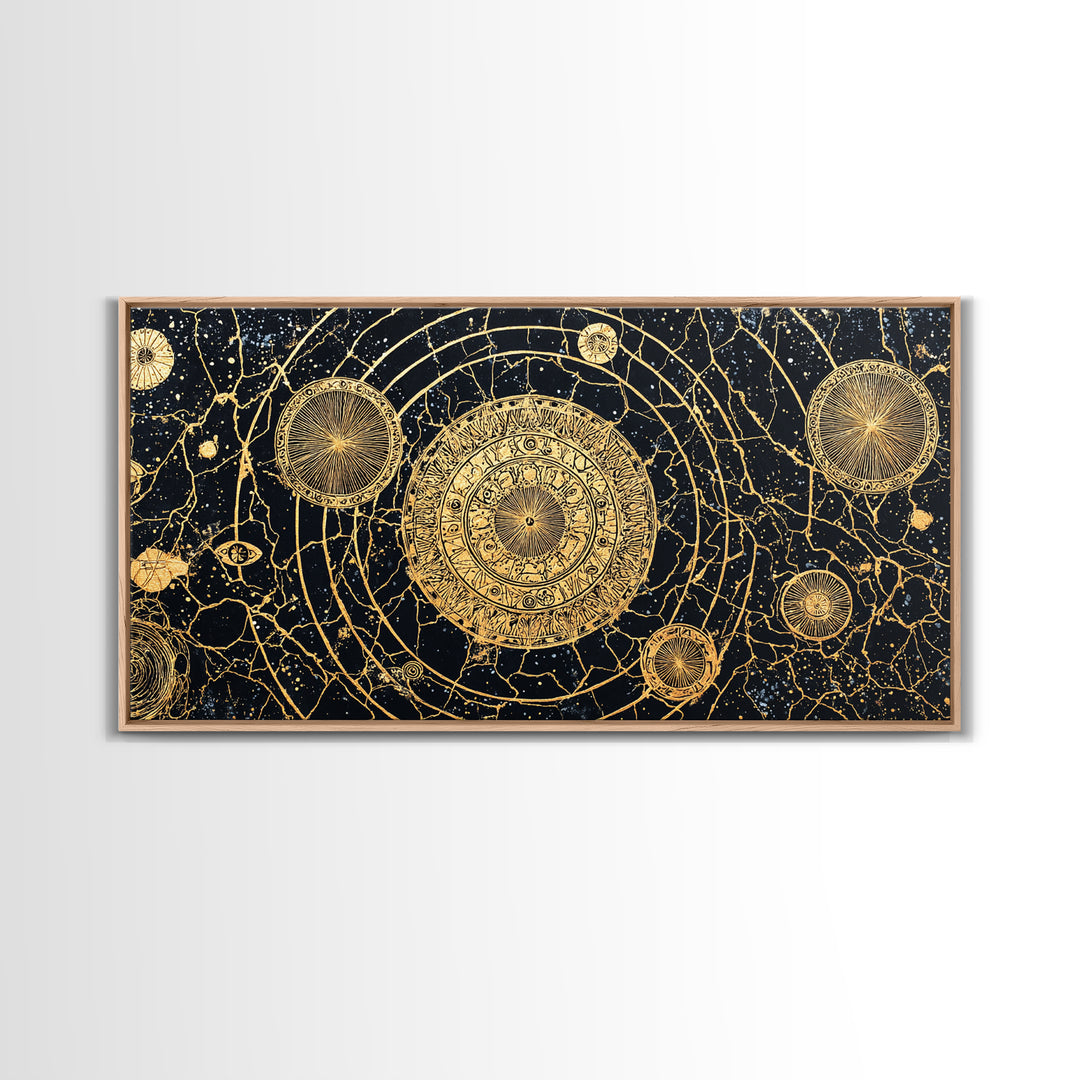 Gold Celestial Mandala Map Wall Art, African Abstract Black And Gold Decor, Luxury Canvas, Spiritual Boho Home Decor, Statement Piece