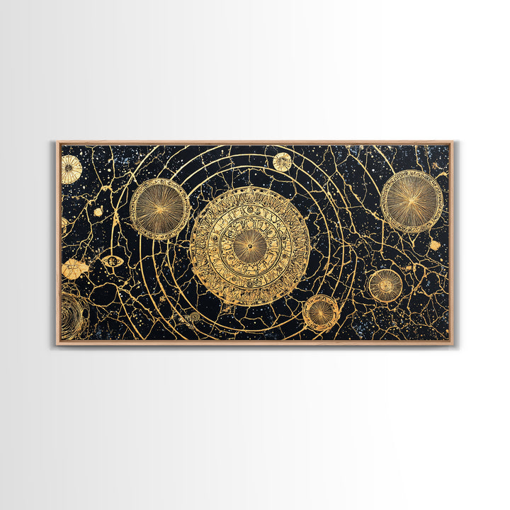 Gold Celestial Mandala Map Wall Art, African Abstract Black And Gold Decor, Luxury Canvas, Spiritual Boho Home Decor, Statement Piece