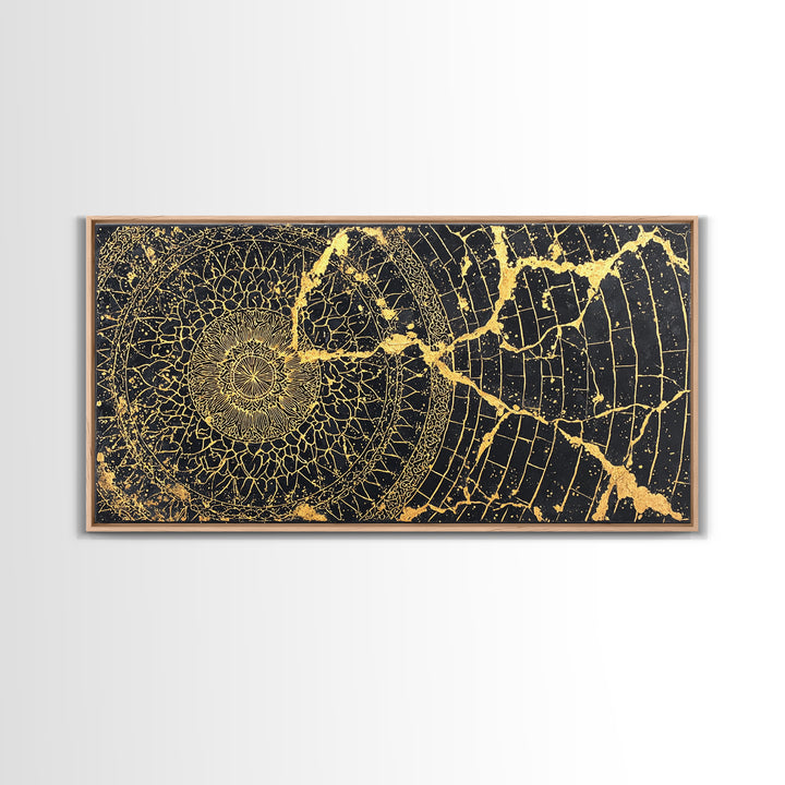 Gold Spiral Geometric Web Wall Art, Abstract African Art Print, Black Gold Decor, Modern Boho Statement Canvas For Living Room