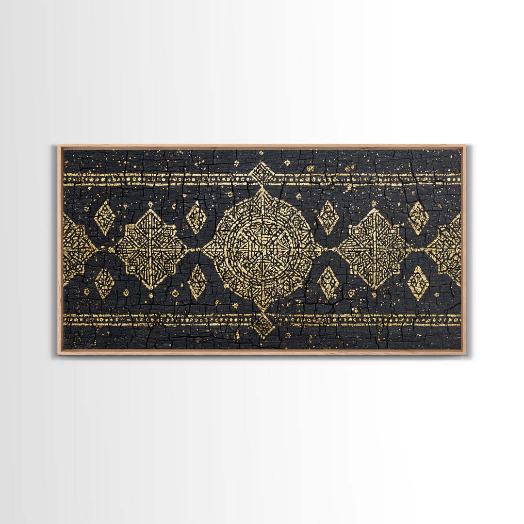 Gold Mud Cloth Geometric Framed Canvas Print, African Patterns, Tribal Art Decor, Black Gold Boho Wall Decor For Living Room