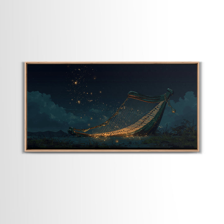 Glowing African Kora Harp Canvas Print, Night Music Wall Decor, Cultural Art Print, Starry Blue Afrocentric Home Decor, Gift For Him