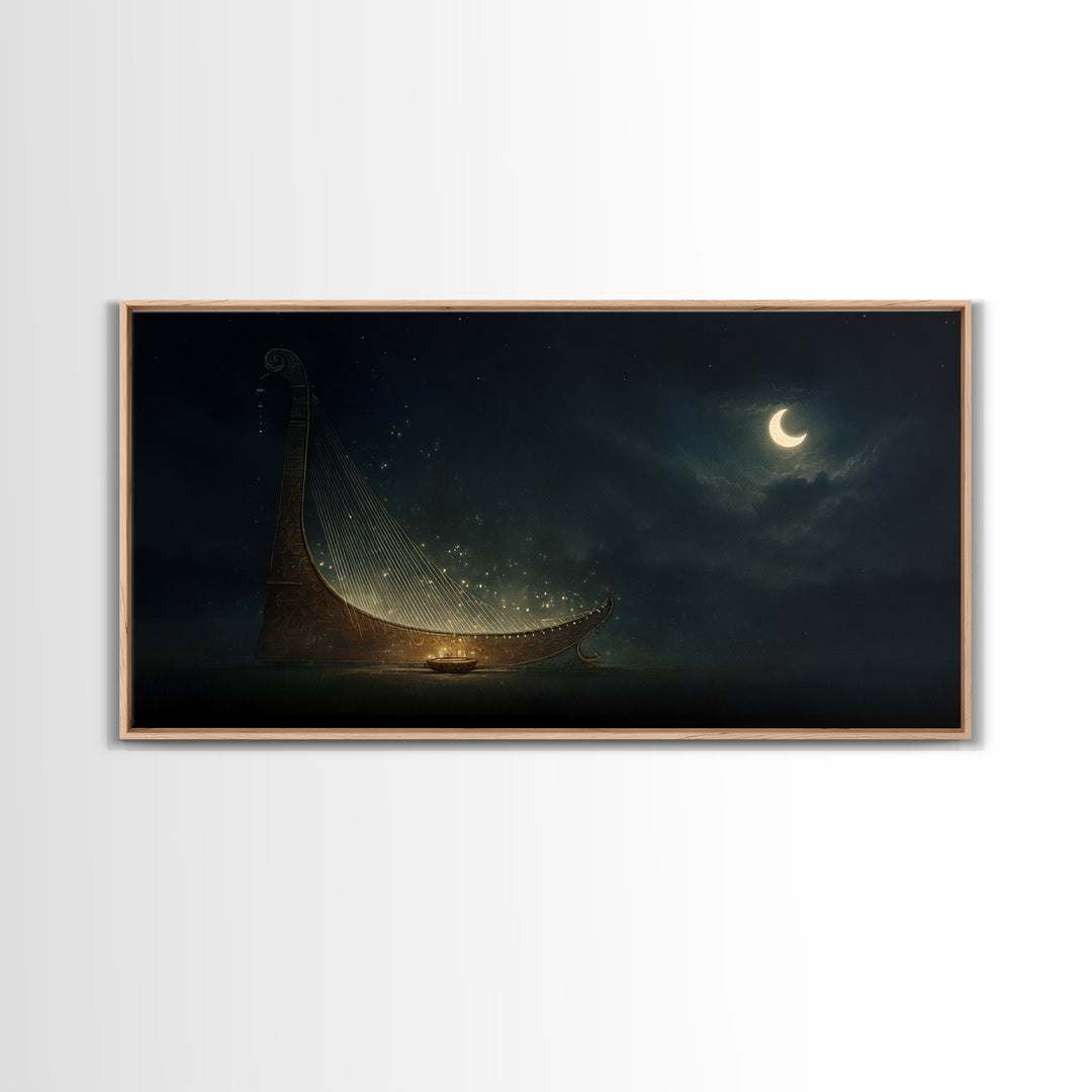 Moonlit African Kora Harp Framed Canvas Print, Crescent Moon Music Wall Decor, Spiritual Afrocentric Art, Dreamy Night Gift