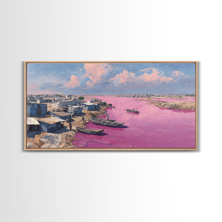 Pink River African Village Wall Art, West African Landscape, Coastal Boat Scene, Serene Travel Decor For Living Room Canvas Gift