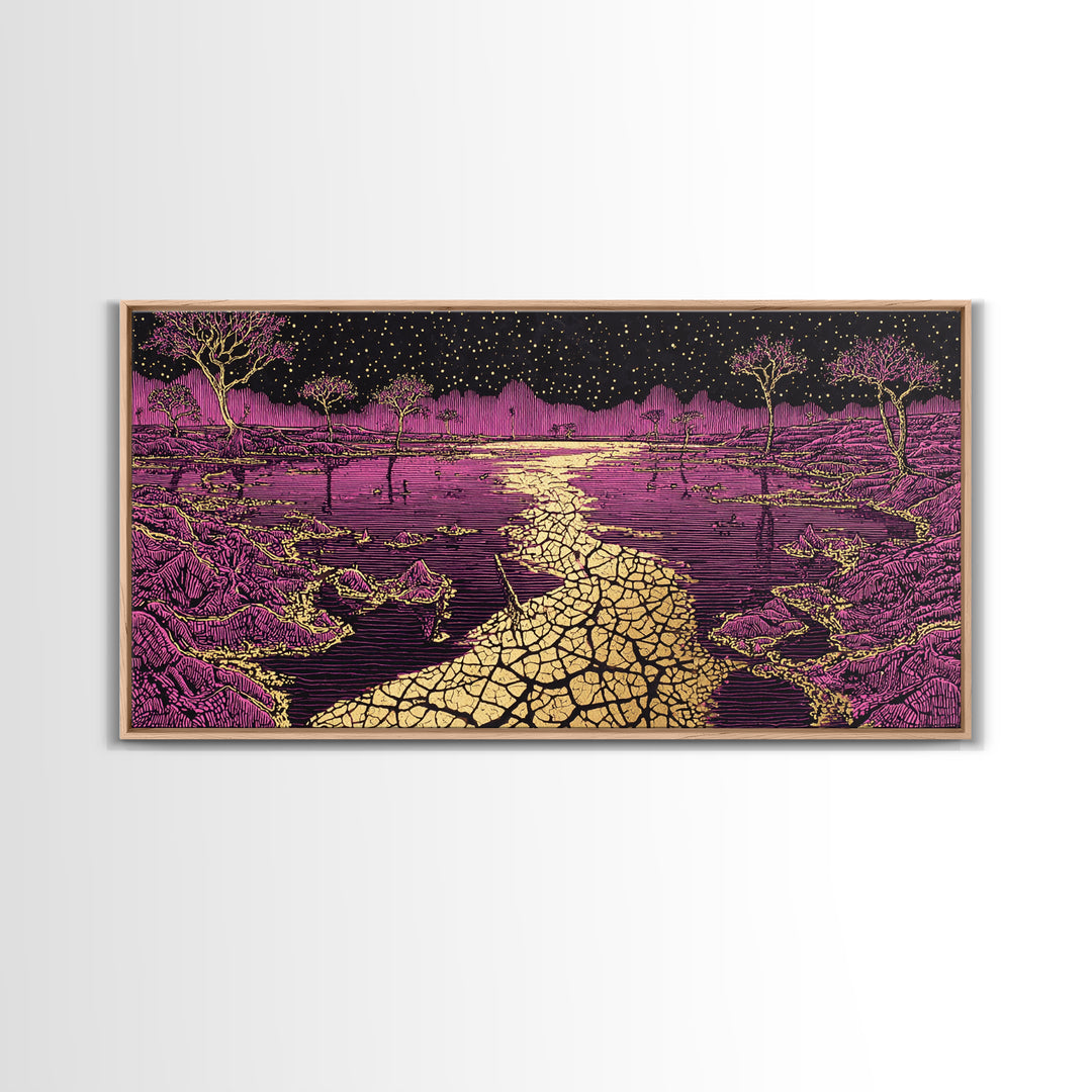 Mystic Purple Savannah Path Wall Art, African Tree Landscape, Starry Night Boho Decor, Spiritual Canvas For Living Room Gift