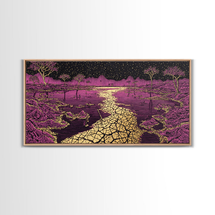 Mystic Purple Savannah Path Wall Art, African Tree Landscape, Starry Night Boho Decor, Spiritual Canvas For Living Room Gift