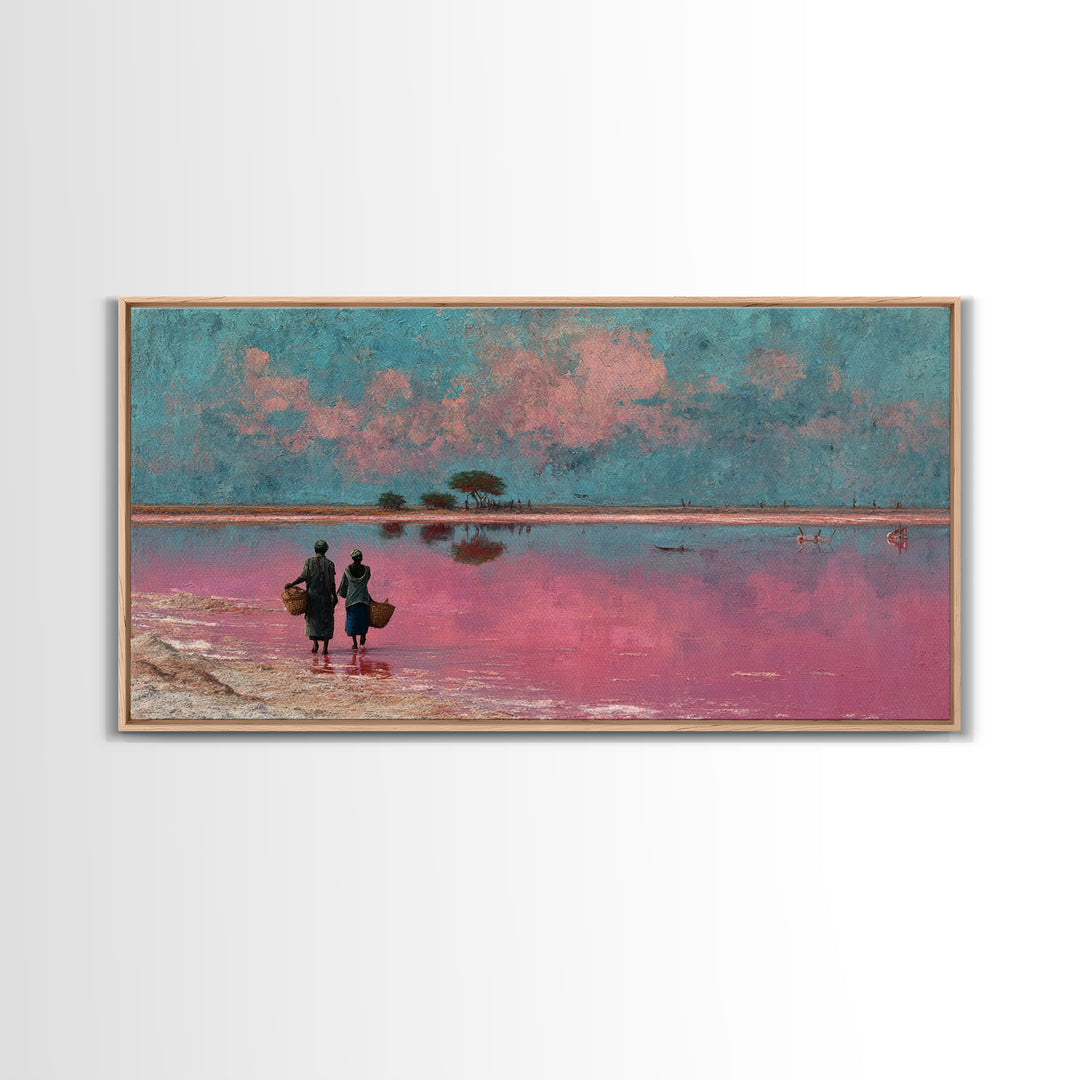 African Women At Pink Lake Wall Art, Pastel Landscape Painting, Motherland Travel Decor, Feminine Canvas For Living Room