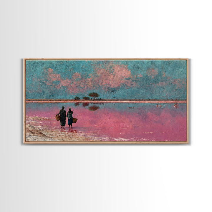 African Women At Pink Lake Wall Art, Pastel Landscape Painting, Motherland Travel Decor, Feminine Canvas For Living Room