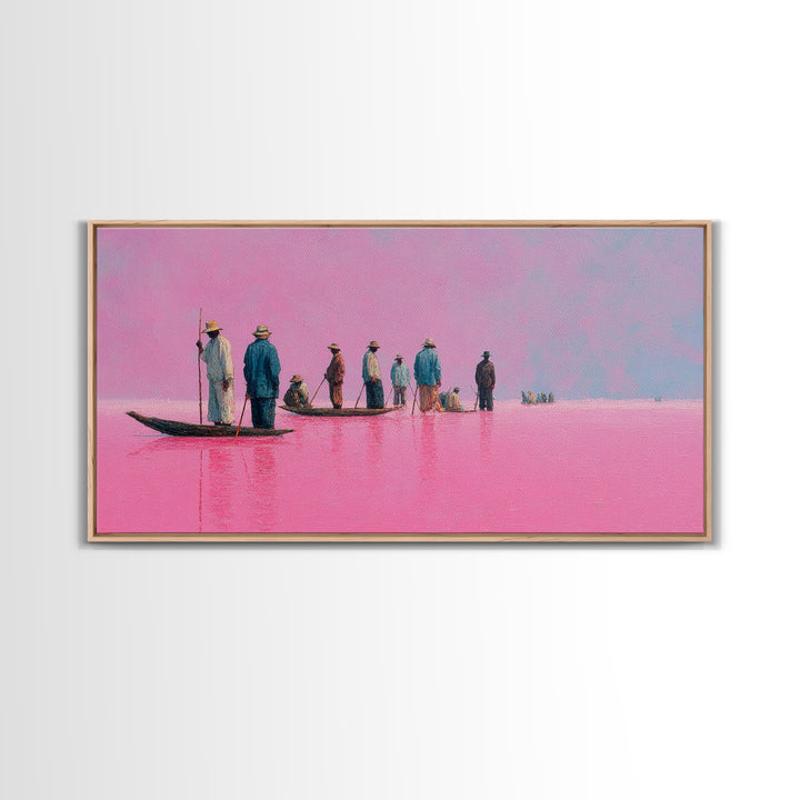 Pink Lake Fishermen On Long Boat Canvas Print, African Travel Landscape, Minimalist Coastal Decor For Modern Living Room