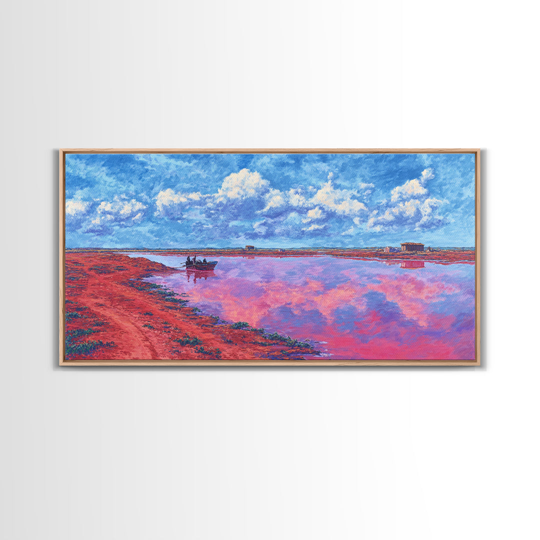 Pink Salt Lake Boats Wall Art, African Landscape Painting, Coastal Travel Poster, Blue Sky Canvas Decor, Living Room Gift