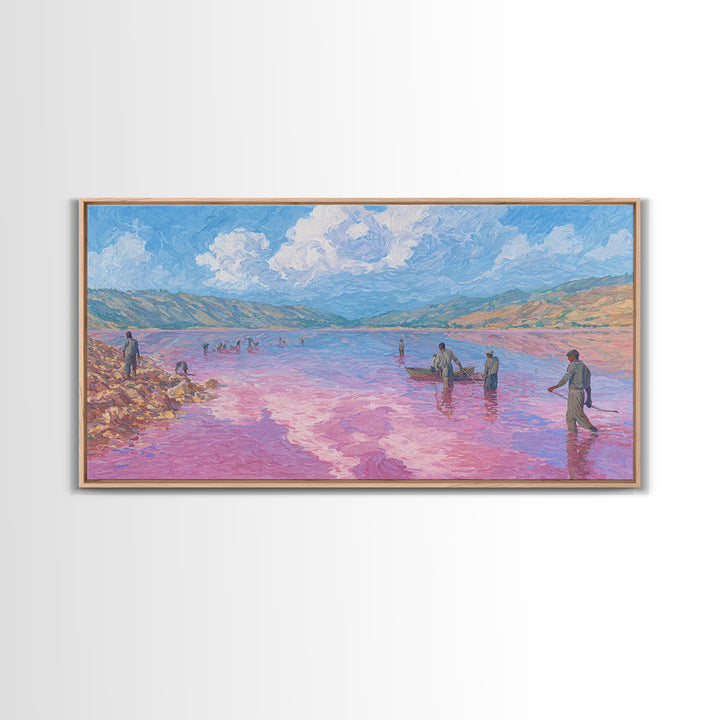Pastel Salt Lake Workers Canvas Print, African Landscape Wall Decor, Pink Water Painting, Mountain Travel Art Gift, Living Room Decor