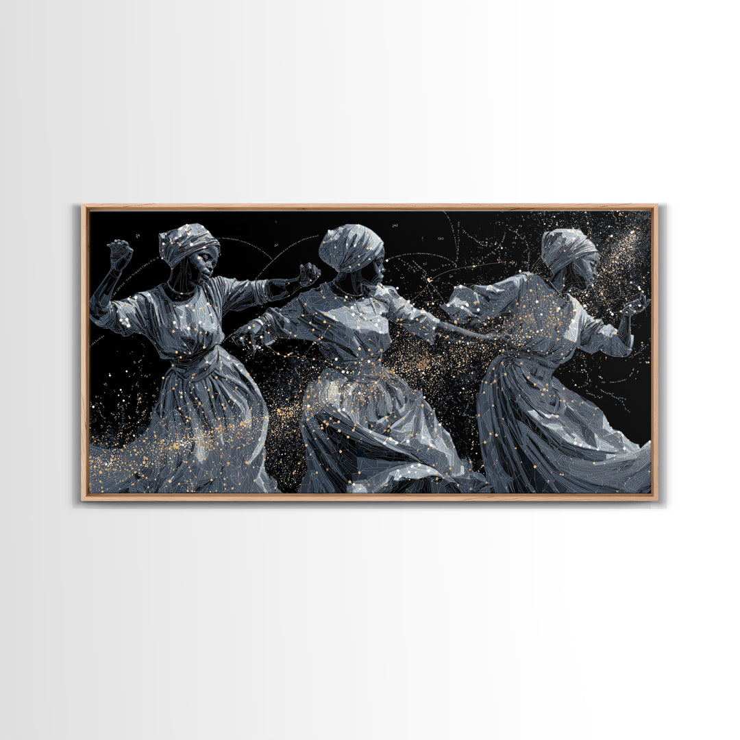 Three Dancing African Women Wall Art, Black And Gold Figurative Painting, Afrocentric Home Decor, Cultural Canvas Gift For Her